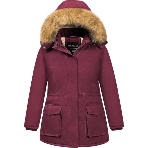 Women's Wine Red Hood Jackets Coats Detachable Fur Lined Zipper Pocket Designed